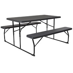 Charcoal Wood Grain Folding Picnic Table and Benches - 4.5 Foot Folding Table