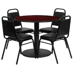 36'' Mahogany Table Set with Base and 4 Black Trapezoidal Back Banquet Chairs