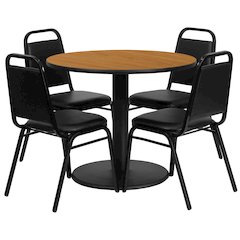 36'' Natural Table Set with Base and 4 Black Trapezoidal Back Banquet Chairs