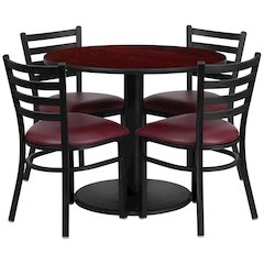 36'' Mahogany Table Set with Base and 4 Metal Chairs - Burgundy Vinyl Seat