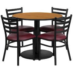 36'' Natural Table Set with Base and 4 Metal Chairs - Burgundy Vinyl Seat