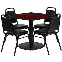 36'' Mahogany Table Set with Base and 4 Black Trapezoidal Back Banquet Chairs