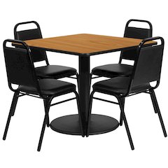 36'' Square Natural Laminate Table Set with Round Base and 4 Black Trapezoidal Back Banquet Chairs