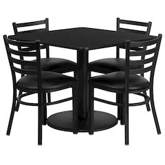 36'' Black Table Set with Base and 4 Ladder Back Metal Chairs - Black Vinyl Seat