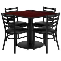 36'' Square Mahogany Laminate Table Set with Round Base and 4 Ladder Back Metal Chairs - Black Vinyl Seat