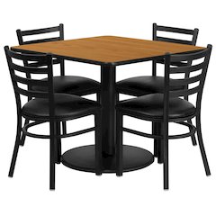 36'' Natural Table Set with Base and 4 Metal Chairs - Black Vinyl Seat