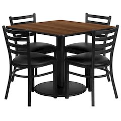 36'' Walnut Table Set with Base and 4 Metal Chairs - Black Vinyl Seat