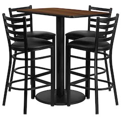 24'' x 42'' Walnut Table Set with 4 Metal Barstools - Black Vinyl Seat