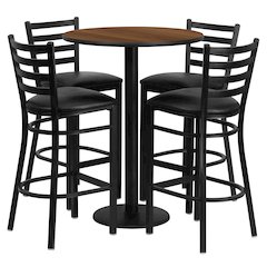 30'' Round Walnut Laminate Table Set with Round Base and 4 Ladder Back Metal Barstools - Black Vinyl Seat