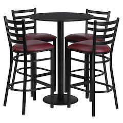 30'' Black Table Set with Base and 4 Metal Barstools - Burgundy Vinyl Seat