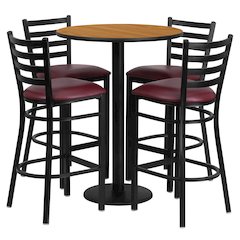30'' Round Natural Laminate Table Set with Round Base and 4 Ladder Back Metal Barstools - Burgundy Vinyl Seat