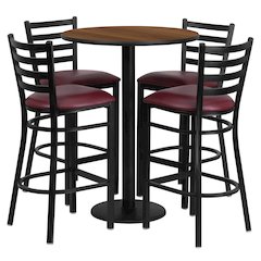 30'' Walnut Table Set with Base and 4 Metal Barstools - Burgundy Vinyl Seat