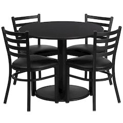 36'' Black Table Set with Base and 4 Ladder Back Metal Chairs - Black Vinyl Seat