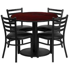 36'' Mahogany Table Set with Base and 4 Metal Chairs - Black Vinyl Seat
