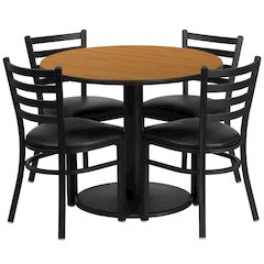36'' Natural Table Set with Base and 4 Metal Chairs - Black Vinyl Seat