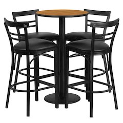 24'' Natural Table Set with 4 Two-Slat Metal Barstools - Black Vinyl Seat
