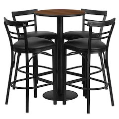 24'' Walnut Table Set with 4 Two-Slat Metal Barstools - Black Vinyl Seat