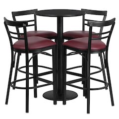 24'' Round Black Laminate Table Set with Round Base and 4 Two-Slat Ladder Back Metal Barstools - Burgundy Vinyl Seat