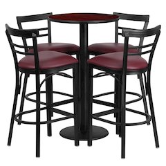 24'' Mahogany Table Set with 4 Two-Slat Metal Barstools - Burgundy Vinyl Seat