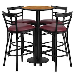 24'' Round Natural Laminate Table Set with Round Base and 4 Two-Slat Ladder Back Metal Barstools - Burgundy Vinyl Seat