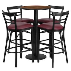 24'' Walnut Table Set with 4 Two-Slat Metal Barstools - Burgundy Vinyl Seat