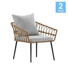 Set of 2 Boho Rope Rattan Wicker Patio Chairs with Gray Cushions, Natural