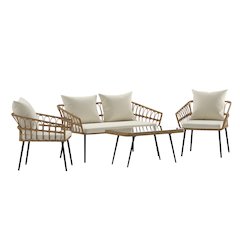 4 Piece Rope Patio Conversation Set with Coffee Table and Cushions, Natural