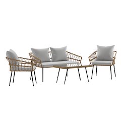 4 Piece Rope Patio Conversation Set with Coffee Table and Gray Cushions, Natural