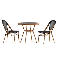 Bistro 31.5" Table, Black Textilene, Glass Top with 2 Stack Chairs,Natural Frame