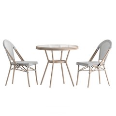 Bistro 31.5" Table, Black/White Textilene, Glass Top with 2 Stack Chairs