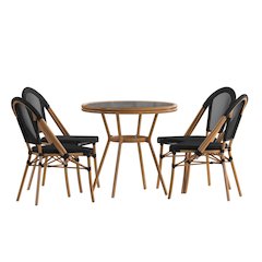 Bistro 31.5" Table, Black Textilene, Glass Top with 4 Stack Chairs,Natural Frame