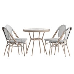Bistro 31.5" Table, Black/White Textilene, Glass Top with 4 Stack Chairs