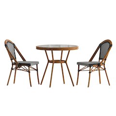 Bistro 31.5" Table, Black and White PE Rattan, Glass Top with 2 Stack Chairs