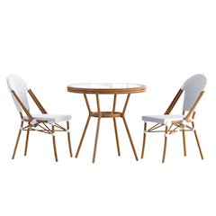 Bistro 31.5" Table, White and Gray PE Rattan, Glass Top with 2 Stack Chairs