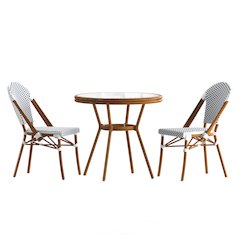 Bistro 31.5" Table, White and Navy PE Rattan, Glass Top with 2 Stack Chairs