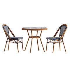 Classic Bistro Set with Table and Two Chairs, Navy & White Rattan/Natural Frame