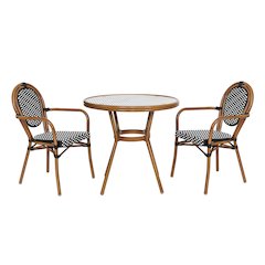 Bistro 31.5" Table, Black and White PE Rattan, Glass Top with 2 Stack Chairs