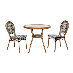 Bistro 31.5" Table, Black and White PE Rattan, Glass Top with 2 Stack Chairs