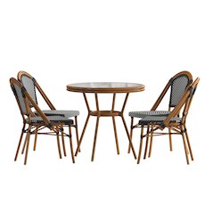 Bistro 31.5" Table, Black and White PE Rattan, Glass Top with 4 Stack Chairs