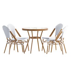 Bistro 31.5" Table, White and Gray PE Rattan, Glass Top with 4 Stack Chairs