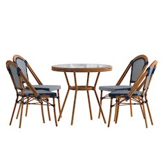 Classic Bistro Set with Table and Four Chairs, Navy & White Rattan/Natural Frame