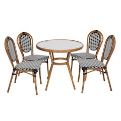 Bistro 31.5" Table, Black and White PE Rattan, Glass Top with 4 Stack Chairs