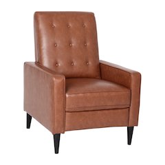 Upholstered Button Tufted Pushback Recliner in Cognac Brown for Residential, Use