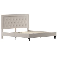 King Size Panel Tufted Upholstered Platform Bed in Beige Fabric