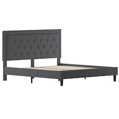 King Size Panel Tufted Upholstered Platform Bed in Dark Gray Fabric