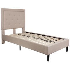 Twin Size Panel Tufted Upholstered Platform Bed in Beige Fabric
