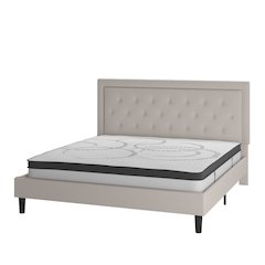 King Size Tufted Upholstered Platform Bed in Beige Fabric