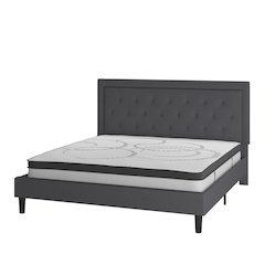 King Size Tufted Upholstered Platform Bed in Dark Gray Fabric