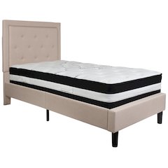 Twin Size Panel Tufted Upholstered Platform Bed in Beige Fabric with Pocket Spring Mattress