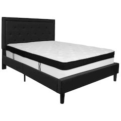 Queen Size Panel Tufted Upholstered Platform Bed in Black Fabric with Memory Foam Mattress